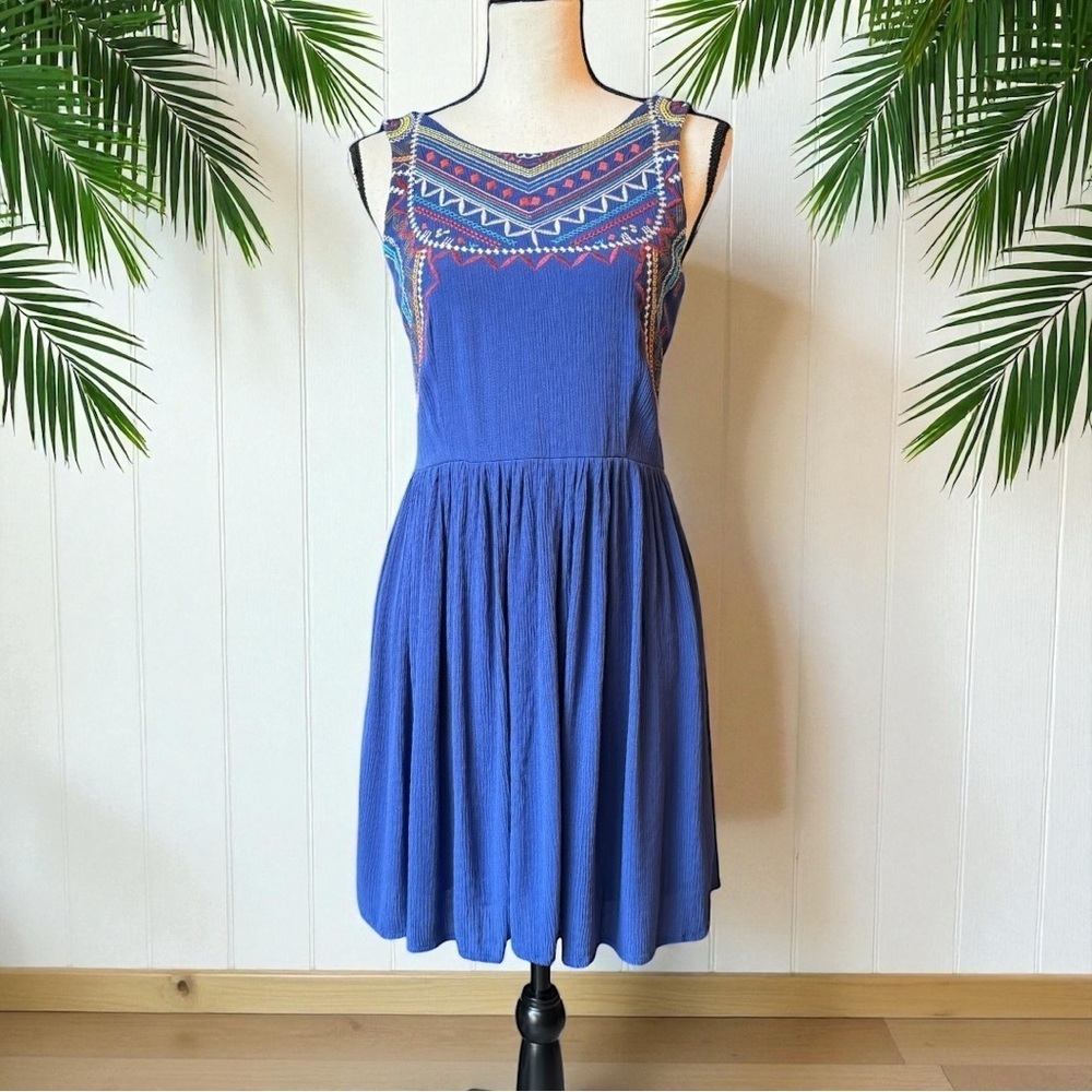 Xhilaration Blue Embroidered Fit & Flare Dress – Size M
